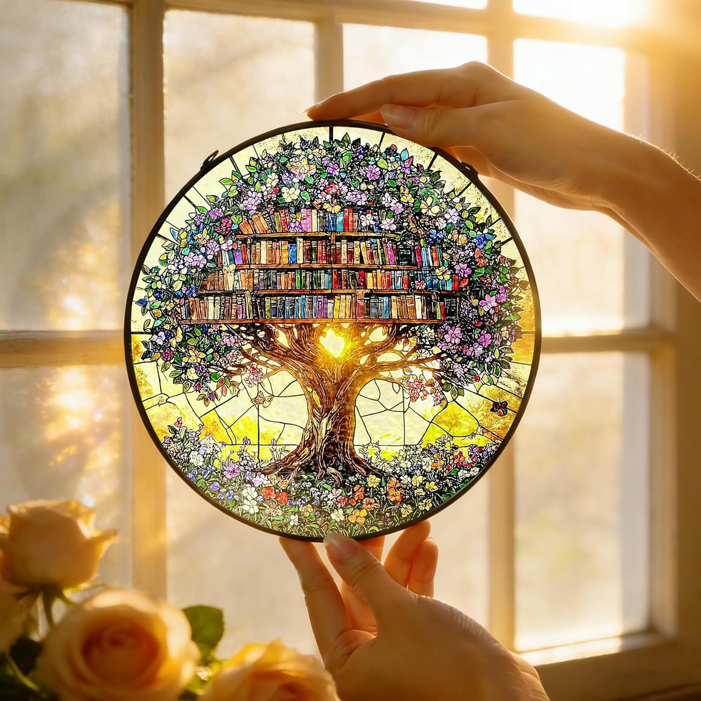 Stained Glass Window Hanging - 7.8" Flower Book Stained Glass Suncatcher for Window, Door & Home Decor, Book Lover Gifts, Gifts for Teacher, Librarian, Reader, Bookworm, Bookish Gifts Stocking Stuffer