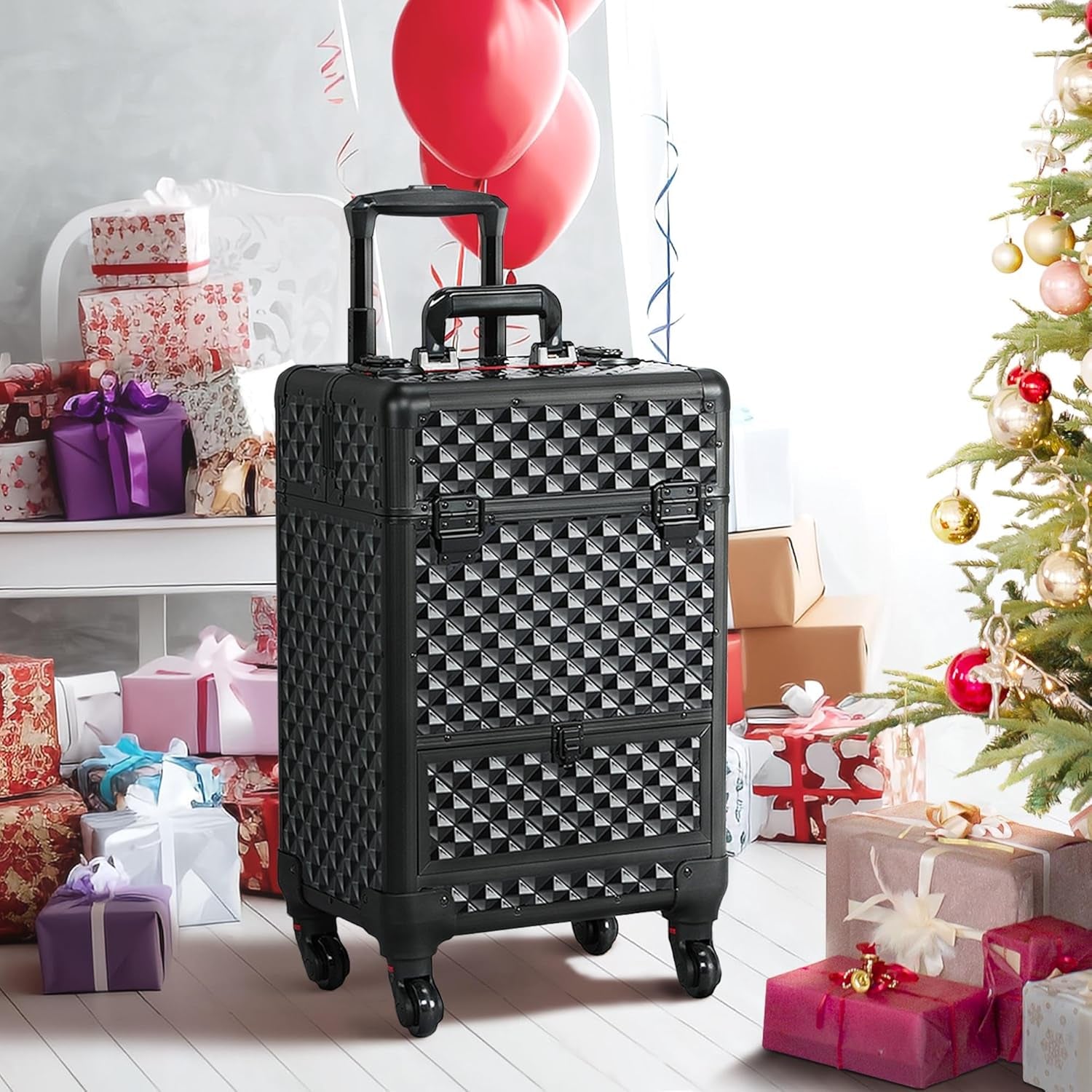 Rolling Makeup Train Case with a Drawer Nail Trolley Black/Red | Sturdy ABS & Aluminum Nail Cart Organizes Beauty Supplies in Side Trays and a Drawer, Rolls Smoothly & Lockable for Travel