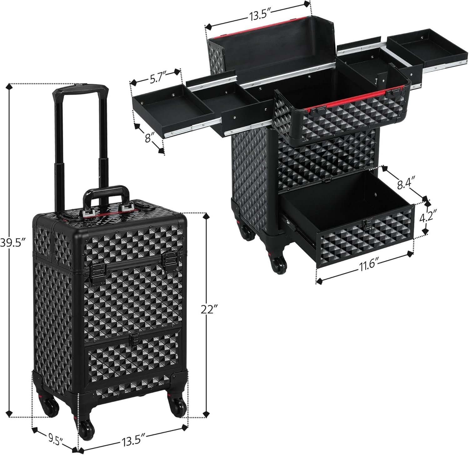 Rolling Makeup Train Case with a Drawer Nail Trolley Black/Red | Sturdy ABS & Aluminum Nail Cart Organizes Beauty Supplies in Side Trays and a Drawer, Rolls Smoothly & Lockable for Travel