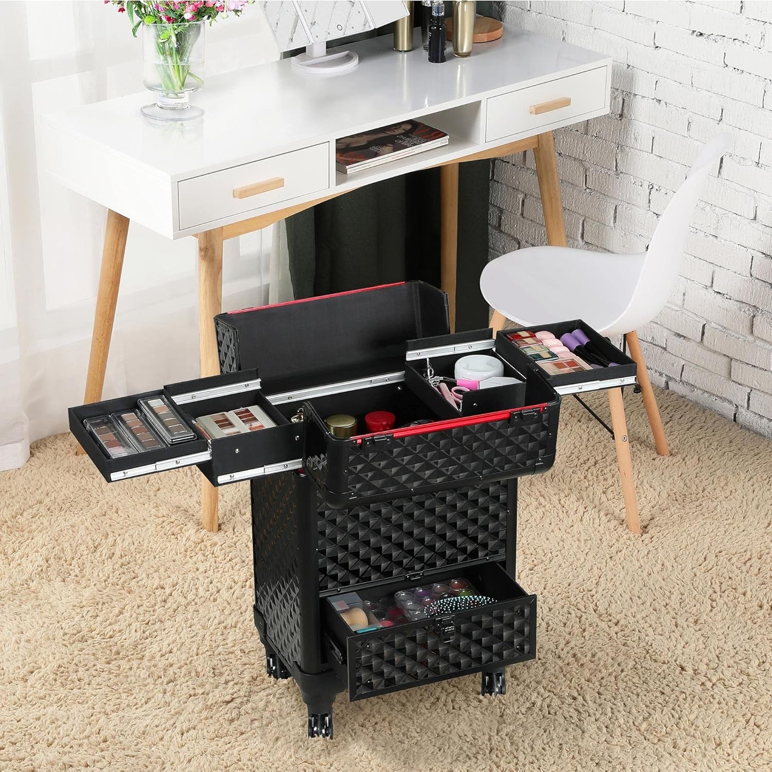 Rolling Makeup Train Case with a Drawer Nail Trolley Black/Red | Sturdy ABS & Aluminum Nail Cart Organizes Beauty Supplies in Side Trays and a Drawer, Rolls Smoothly & Lockable for Travel