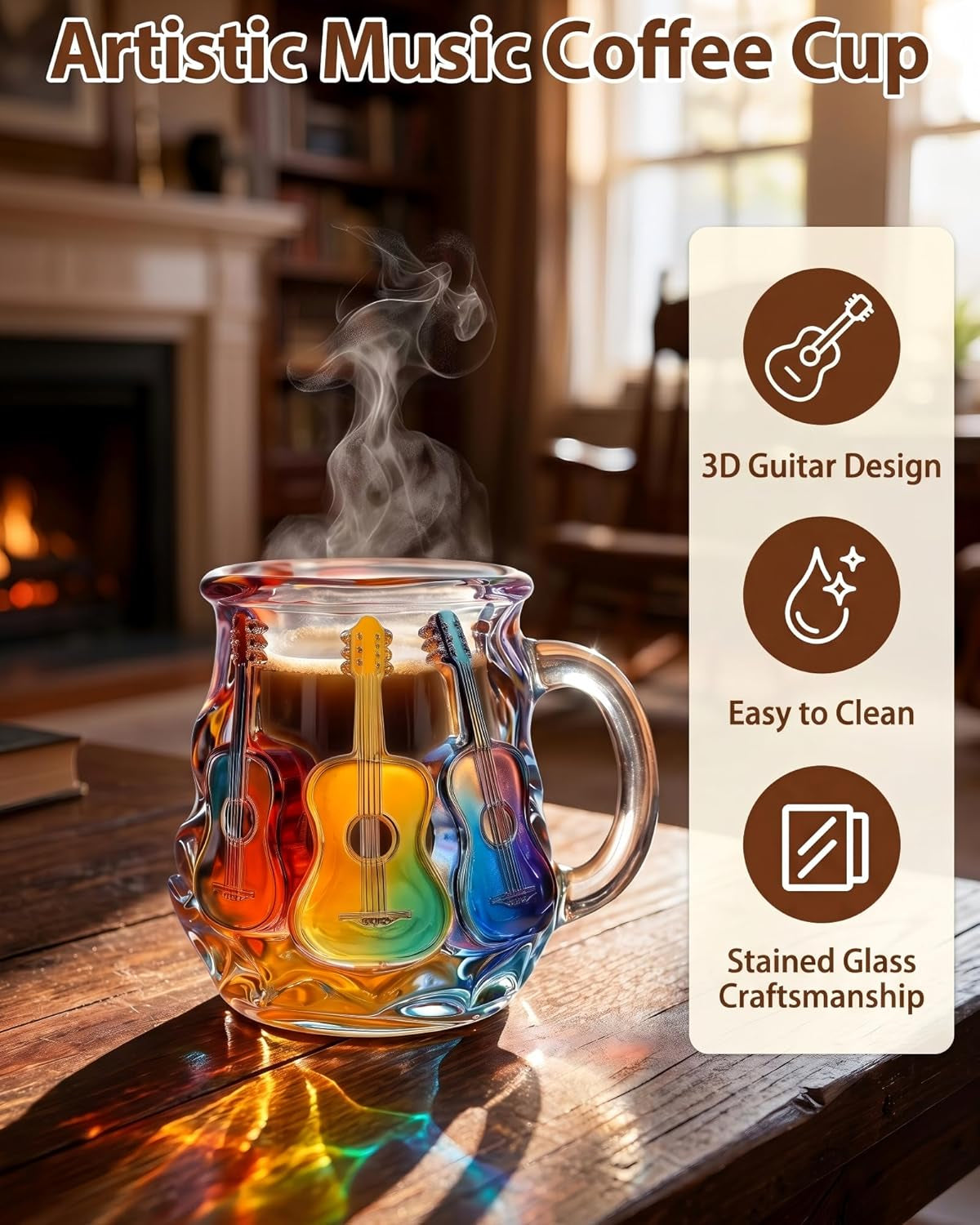 Guitar Coffee Mug - 11 OZ Stained Glass Coffee Cup, Artistic Music Lover Birthday Festival Mothers Day Gift, Unique Rainbow Guitar Mug for Men Women, Home Office Decor