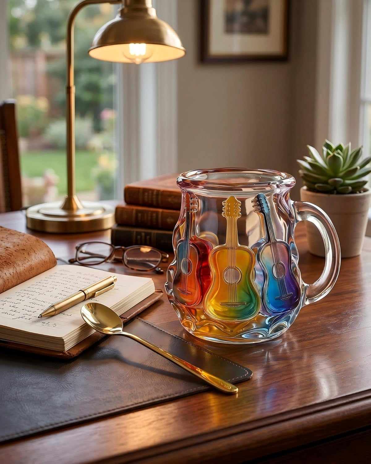 Guitar Coffee Mug - 11 OZ Stained Glass Coffee Cup, Artistic Music Lover Birthday Festival Mothers Day Gift, Unique Rainbow Guitar Mug for Men Women, Home Office Decor