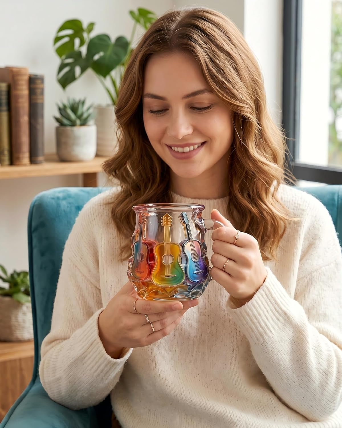 Guitar Coffee Mug - 11 OZ Stained Glass Coffee Cup, Artistic Music Lover Birthday Festival Mothers Day Gift, Unique Rainbow Guitar Mug for Men Women, Home Office Decor