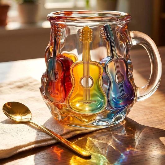 Guitar Coffee Mug - 11 OZ Stained Glass Coffee Cup, Artistic Music Lover Birthday Festival Mothers Day Gift, Unique Rainbow Guitar Mug for Men Women, Home Office Decor
