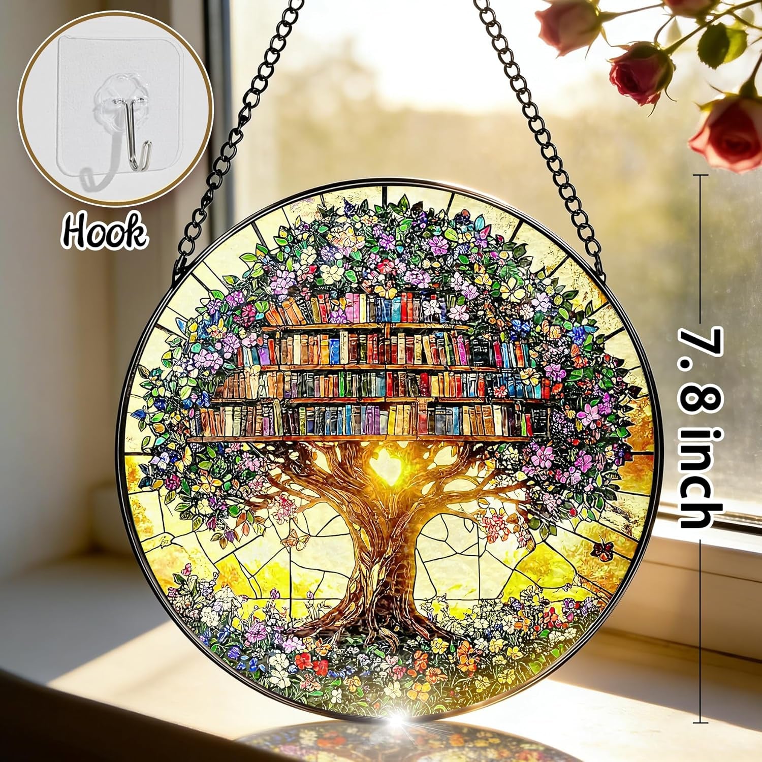 Stained Glass Window Hanging - 7.8" Flower Book Stained Glass Suncatcher for Window, Door & Home Decor, Book Lover Gifts, Gifts for Teacher, Librarian, Reader, Bookworm, Bookish Gifts Stocking Stuffer