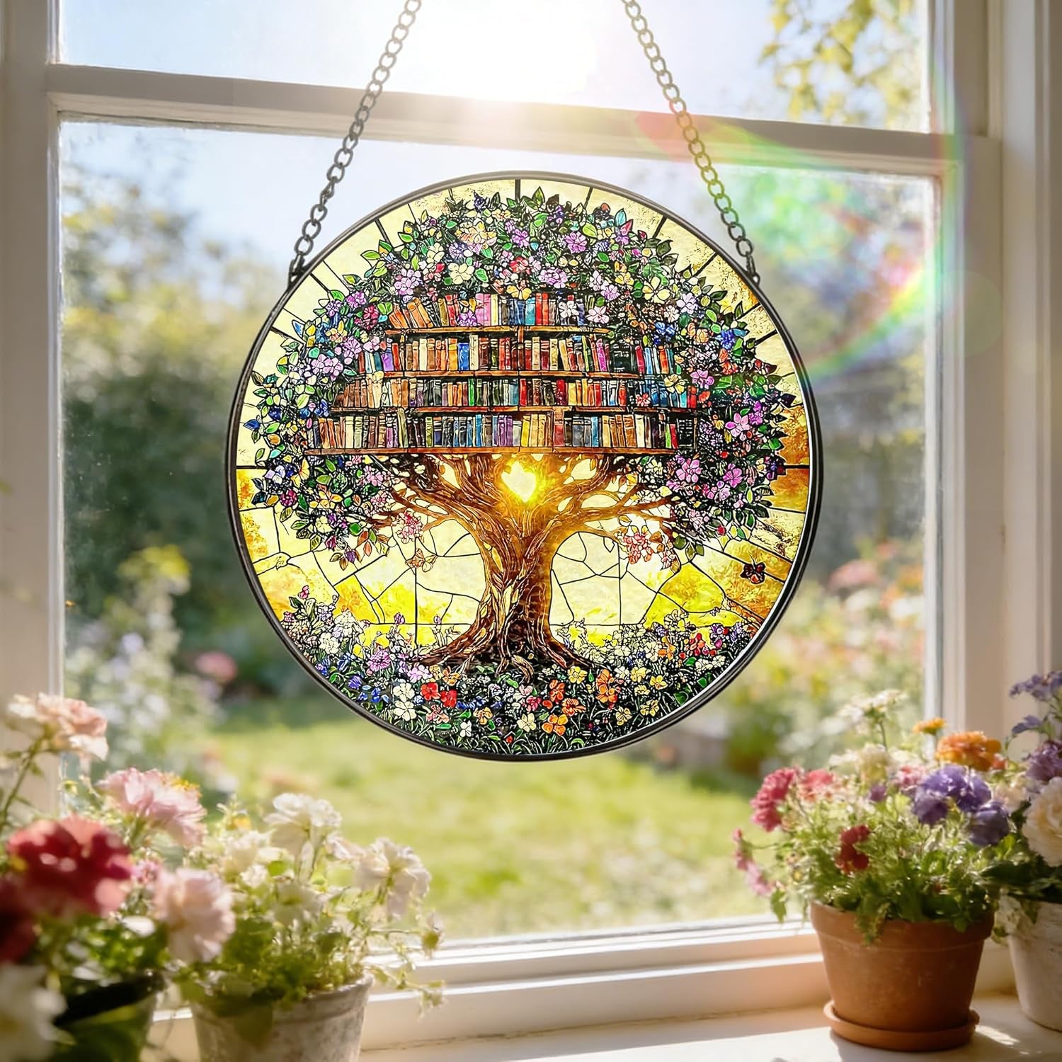 Stained Glass Window Hanging - 7.8" Flower Book Stained Glass Suncatcher for Window, Door & Home Decor, Book Lover Gifts, Gifts for Teacher, Librarian, Reader, Bookworm, Bookish Gifts Stocking Stuffer