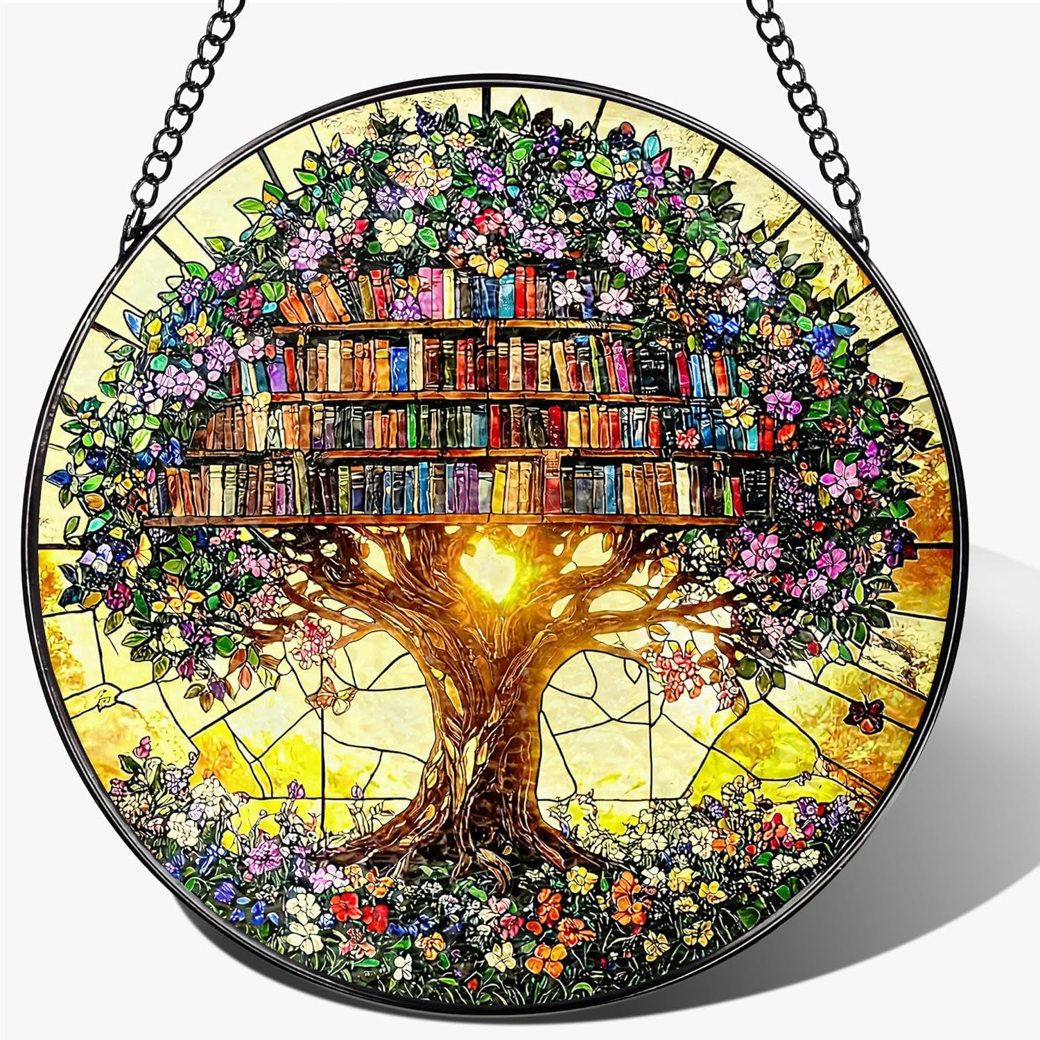 Stained Glass Window Hanging - 7.8" Flower Book Stained Glass Suncatcher for Window, Door & Home Decor, Book Lover Gifts, Gifts for Teacher, Librarian, Reader, Bookworm, Bookish Gifts Stocking Stuffer