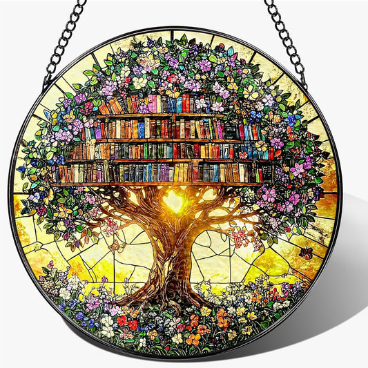 Stained Glass Window Hanging - 7.8" Flower Book Stained Glass Suncatcher for Window, Door & Home Decor, Book Lover Gifts, Gifts for Teacher, Librarian, Reader, Bookworm, Bookish Gifts Stocking Stuffer